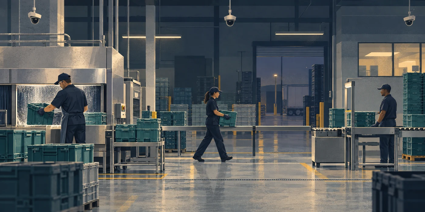 Illustrated reusable-container processing floor with workers active, walking, and waiting across three stations