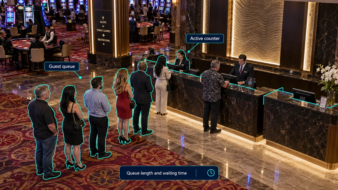 Fixed-camera view of guest-service queues, with object-aligned annotations.