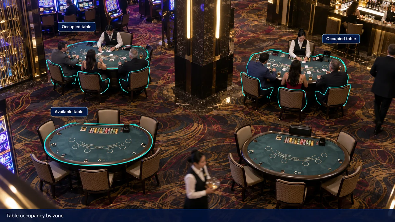 Fixed-camera view of table-zone occupancy, with object-aligned annotations.