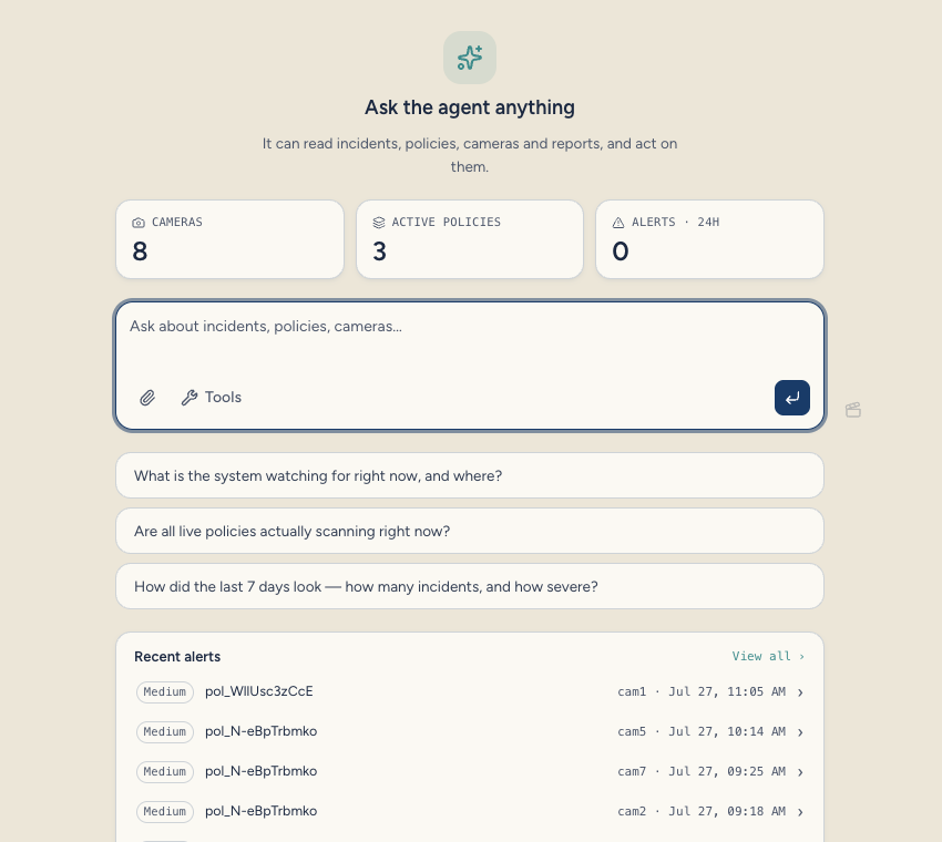 Fortune AI Agent workspace for asking about incidents, policies, cameras, and reports.