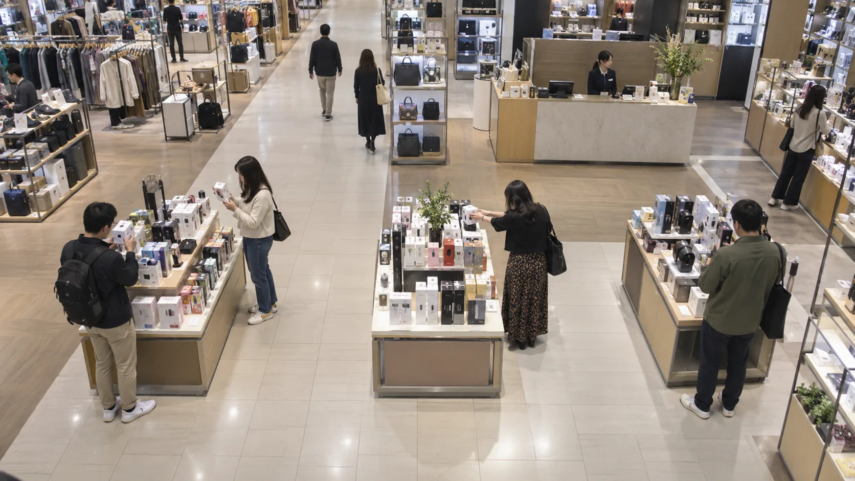 Department store shoppers comparing boxed products at several displays