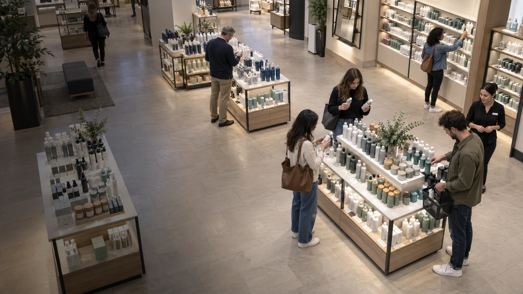 Department store camera view of shoppers interacting with products across displays