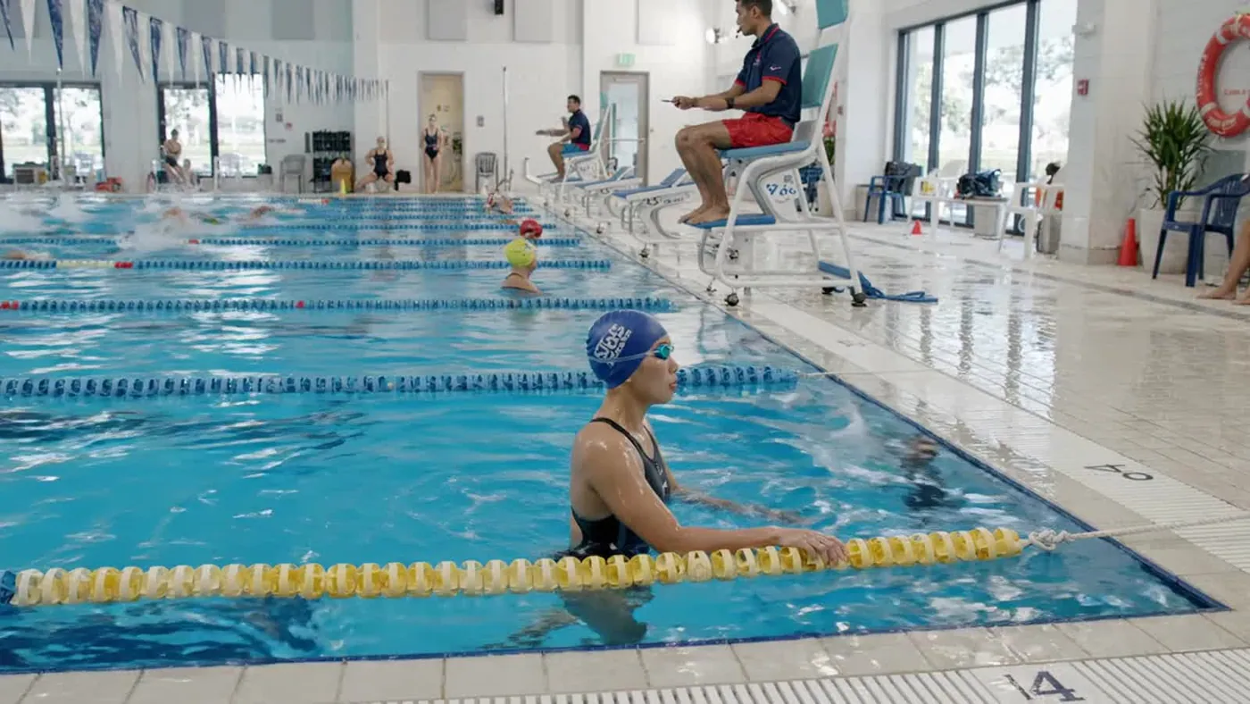 Swimming pool camera view supporting a human-reviewed safety event timeline