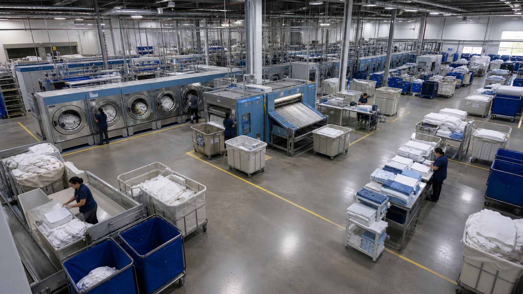 Production floor with sorting, processing, finishing, and material carts