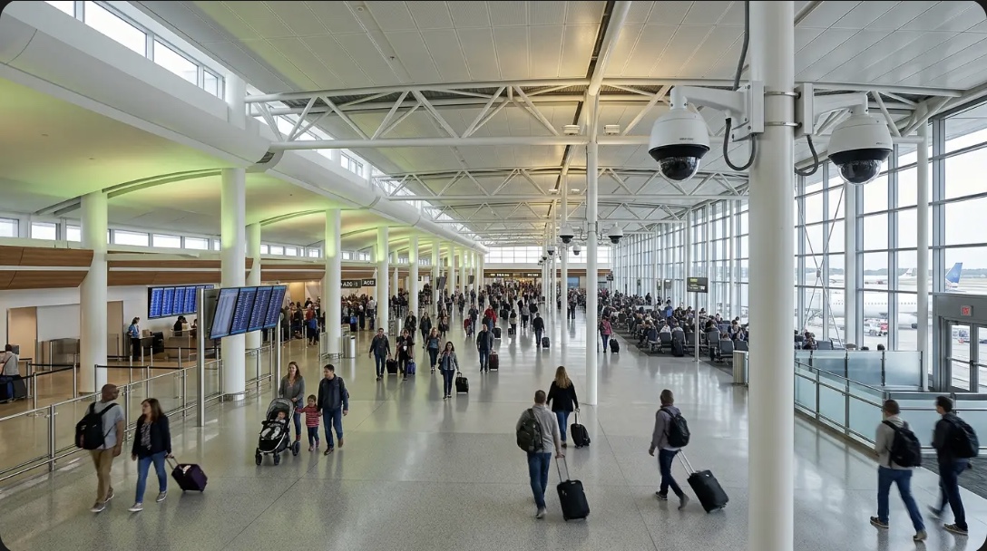 Airport terminal with passenger queues and lane activity