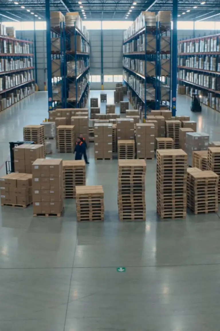 Warehouse camera view of forklift lanes and outbound staging used for flow measurement