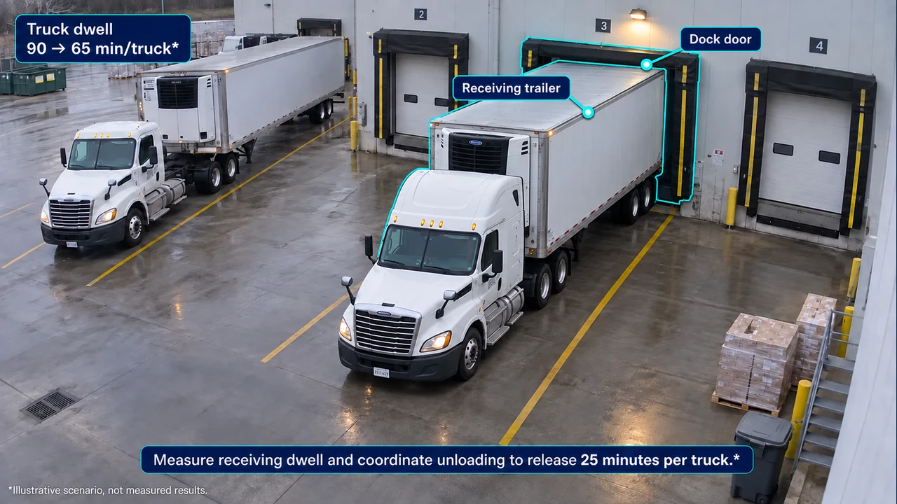 Fixed-camera view of truck dwell, with object-aligned annotations.