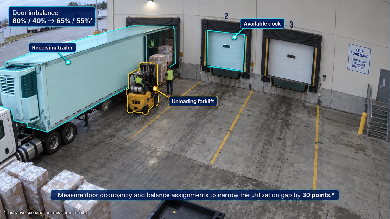 Fixed-camera view of door utilization, with object-aligned annotations.