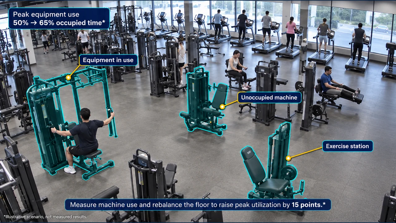 Fixed-camera view of equipment utilization, with object-aligned annotations.