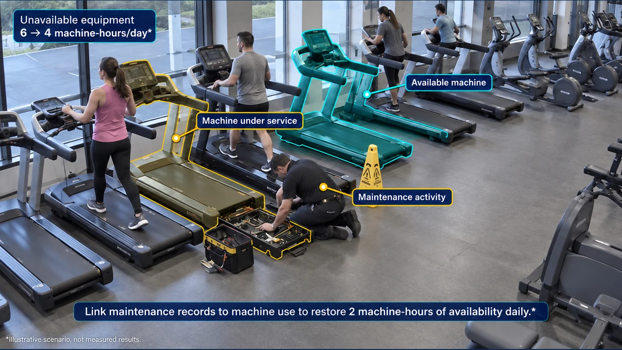 Fixed-camera view of equipment availability, with object-aligned annotations.