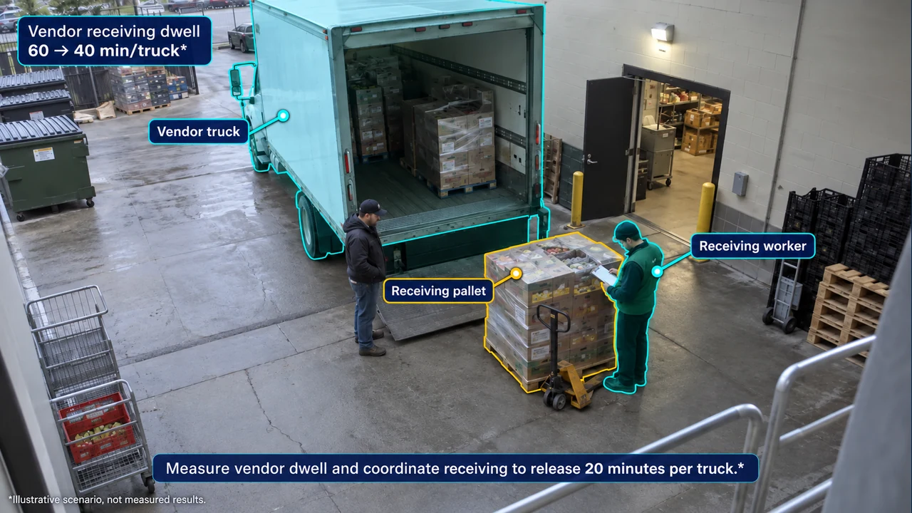 Fixed-camera view of vendor truck dwell, with object-aligned annotations.