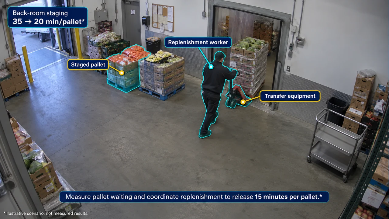 Fixed-camera view of back-room staging, with object-aligned annotations.