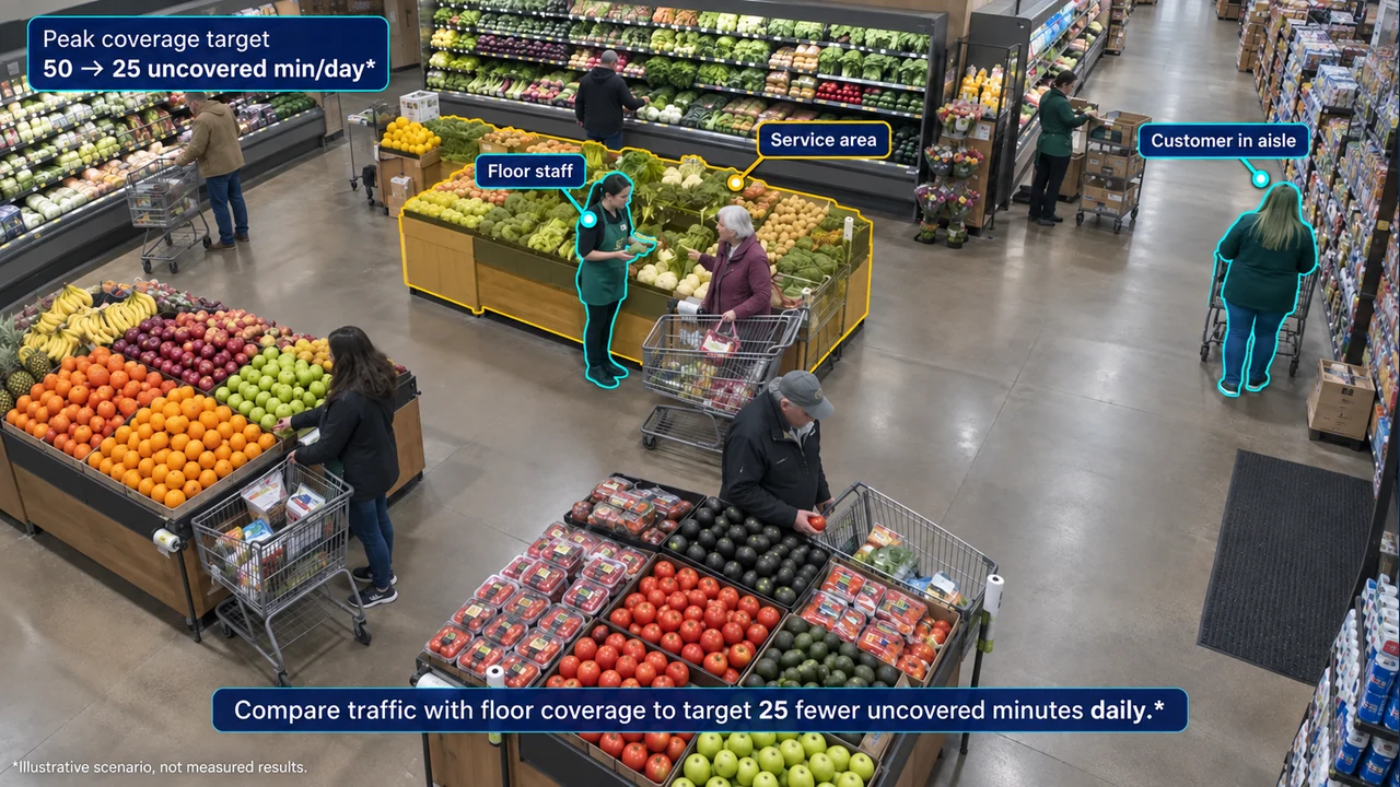 Fixed-camera view of traffic and coverage, with object-aligned annotations.