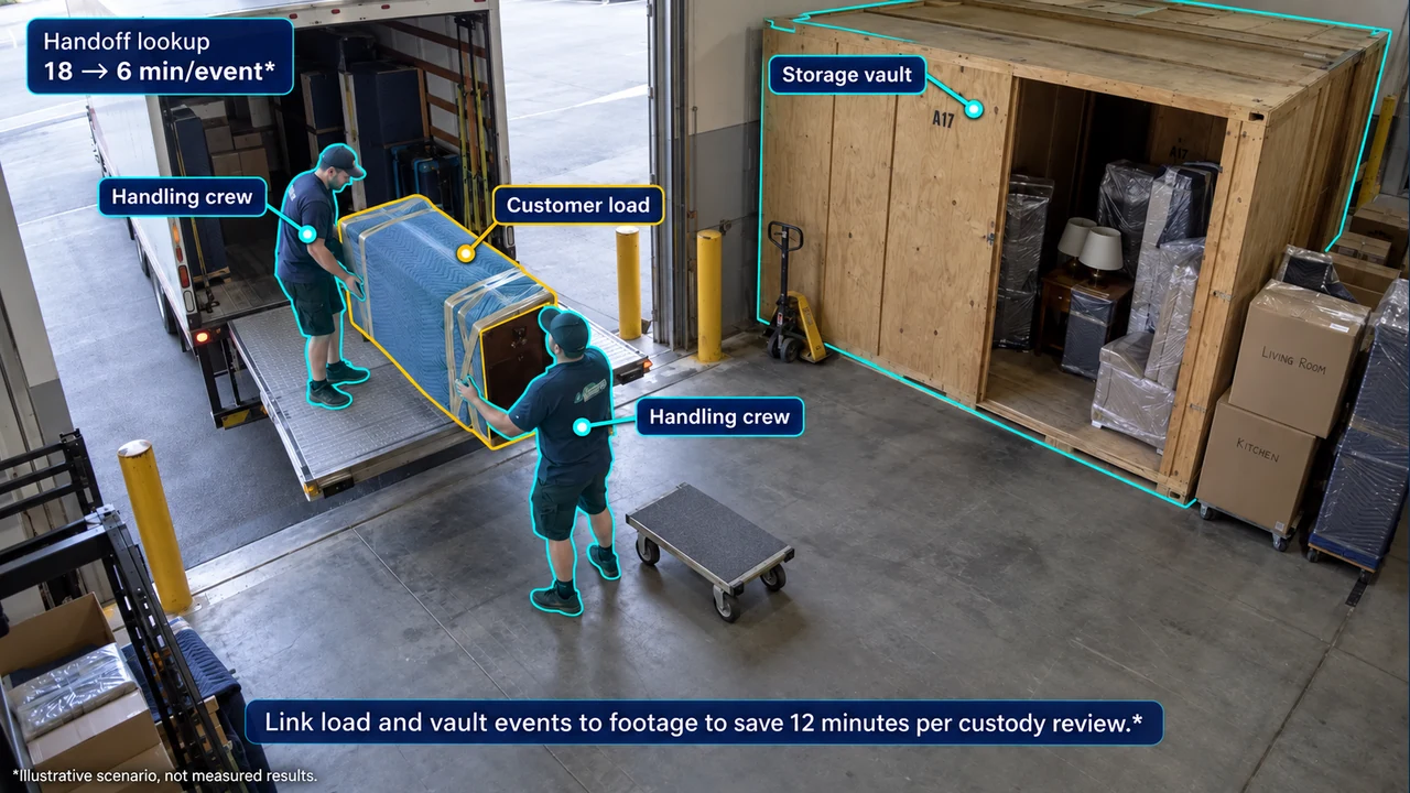 Fixed-camera view of custody handoffs, with object-aligned annotations.