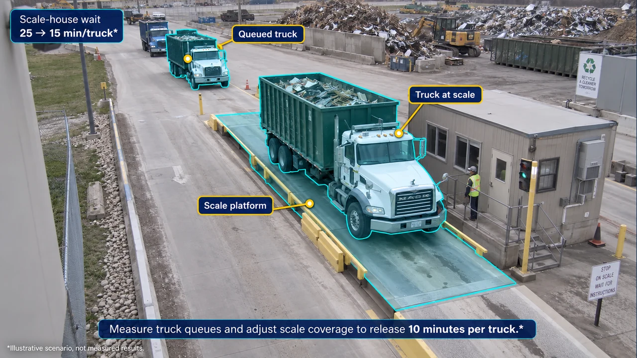 Fixed-camera view of scale-house queue, with object-aligned annotations.