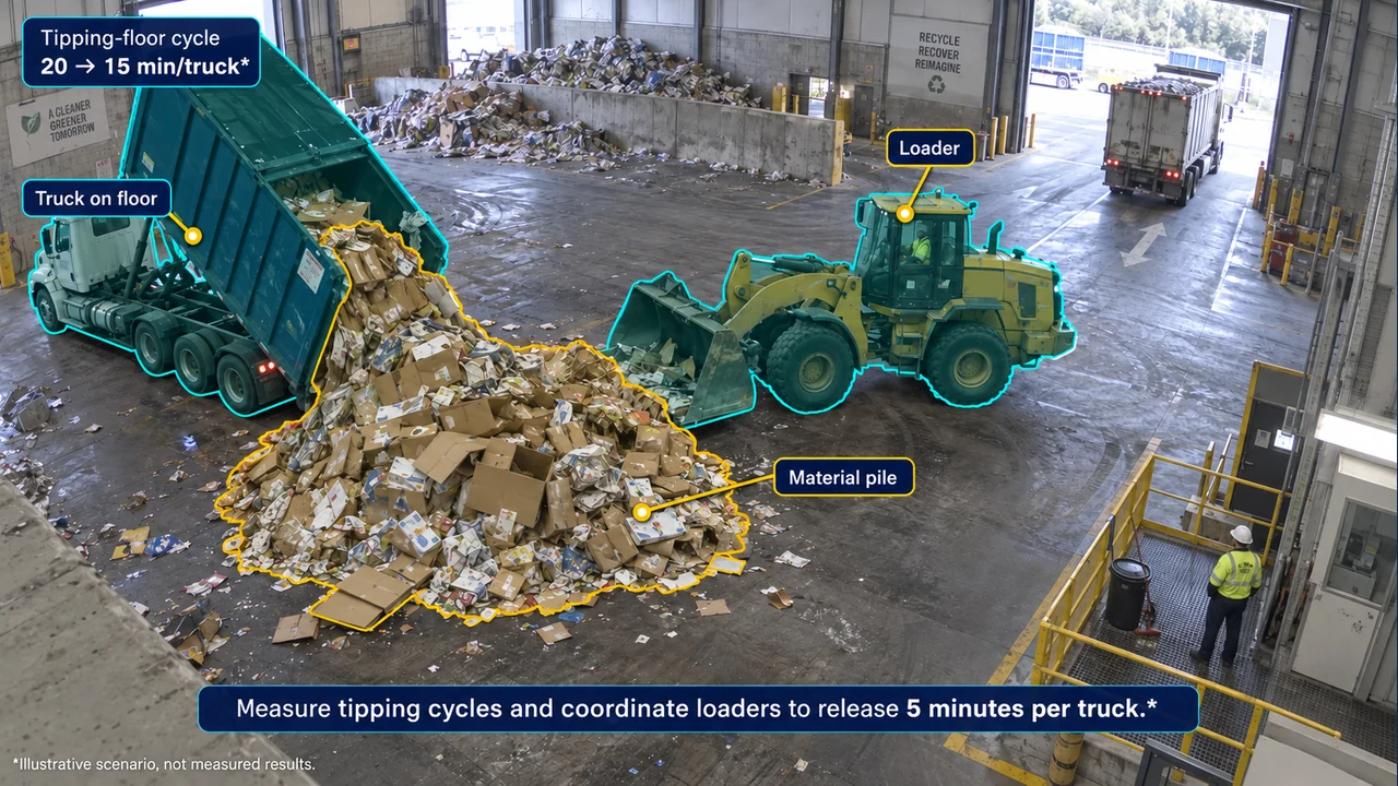 Fixed-camera view of tipping-floor cycles, with object-aligned annotations.