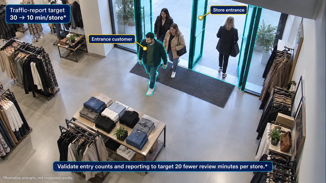 Fixed-camera view of store traffic, with object-aligned annotations.