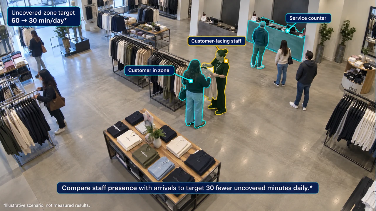 Fixed-camera view of floor coverage, with object-aligned annotations.