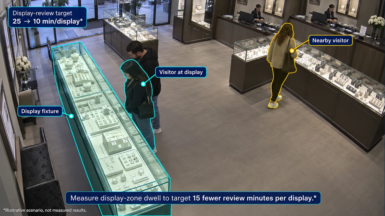 Fixed-camera view of display dwell, with object-aligned annotations.