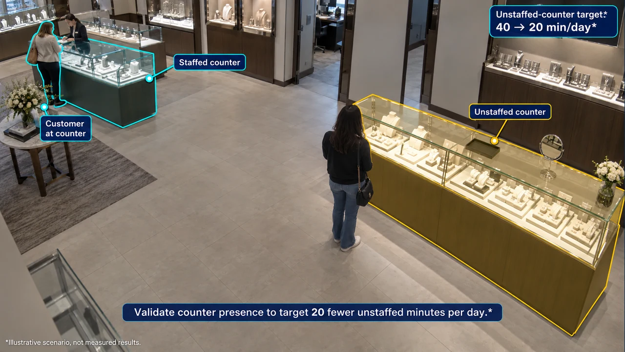 Fixed-camera view of counter availability, with object-aligned annotations.