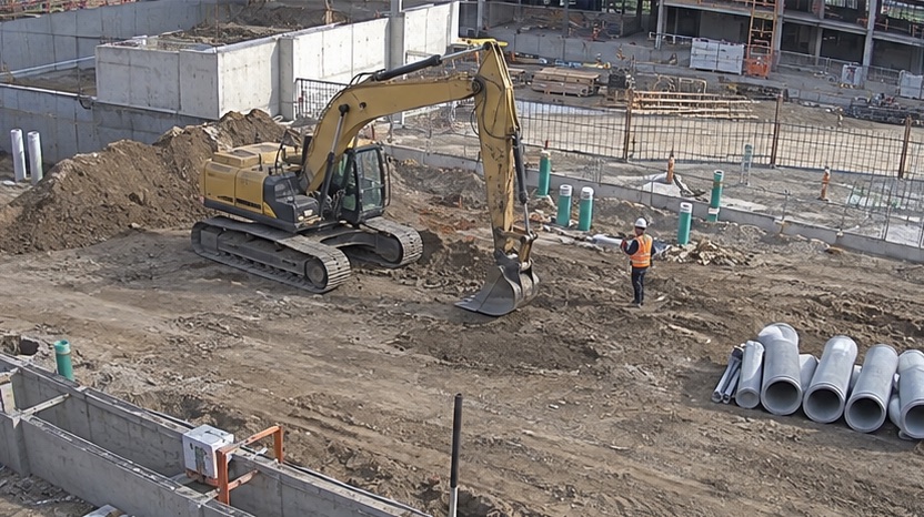 Elevated site camera view showing construction equipment waiting for access