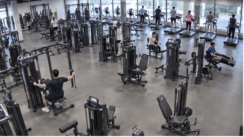 High-angle fitness camera view showing used and idle cardio and strength equipment