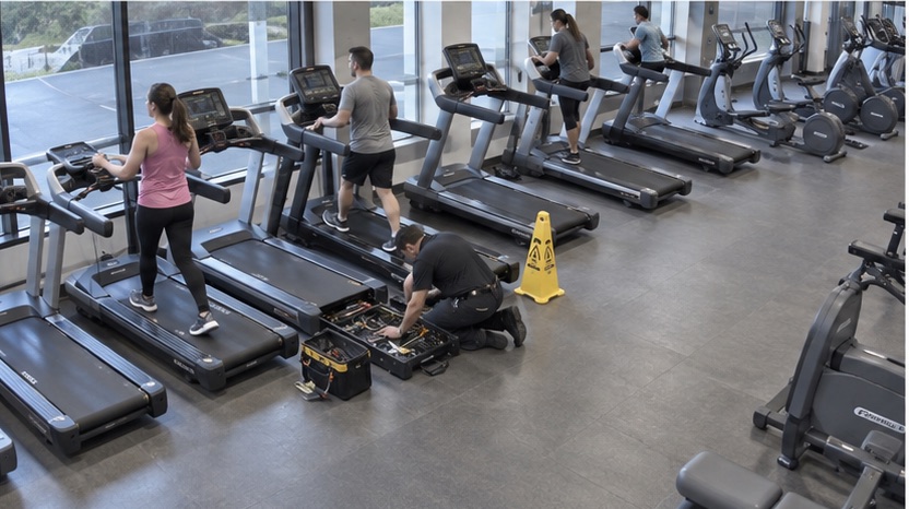High-angle fitness camera view showing a treadmill under maintenance beside available machines