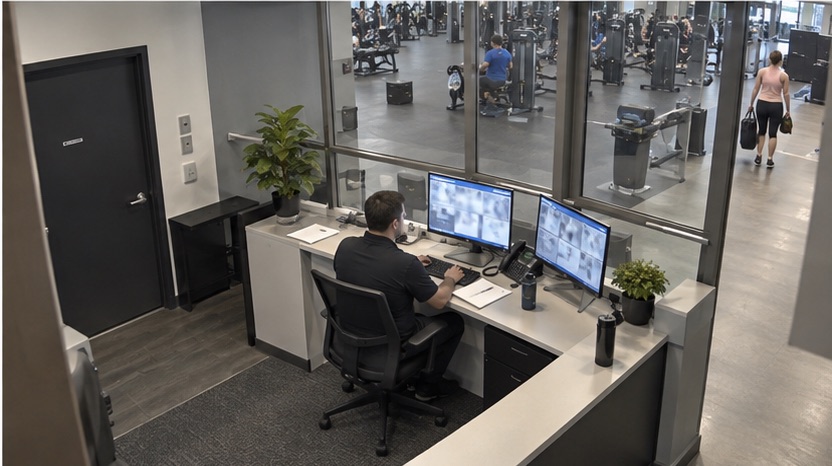 High-angle fitness camera view showing a facility manager reviewing operations beside the floor