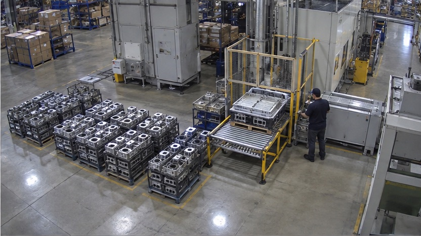 High-angle production camera view showing completed work waiting at a handoff