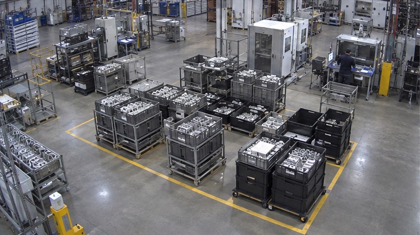 High-angle production camera view showing work-in-process accumulating between stations