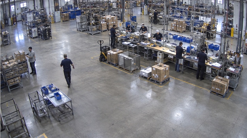 High-angle production camera view showing work, walking, and waiting across a shift