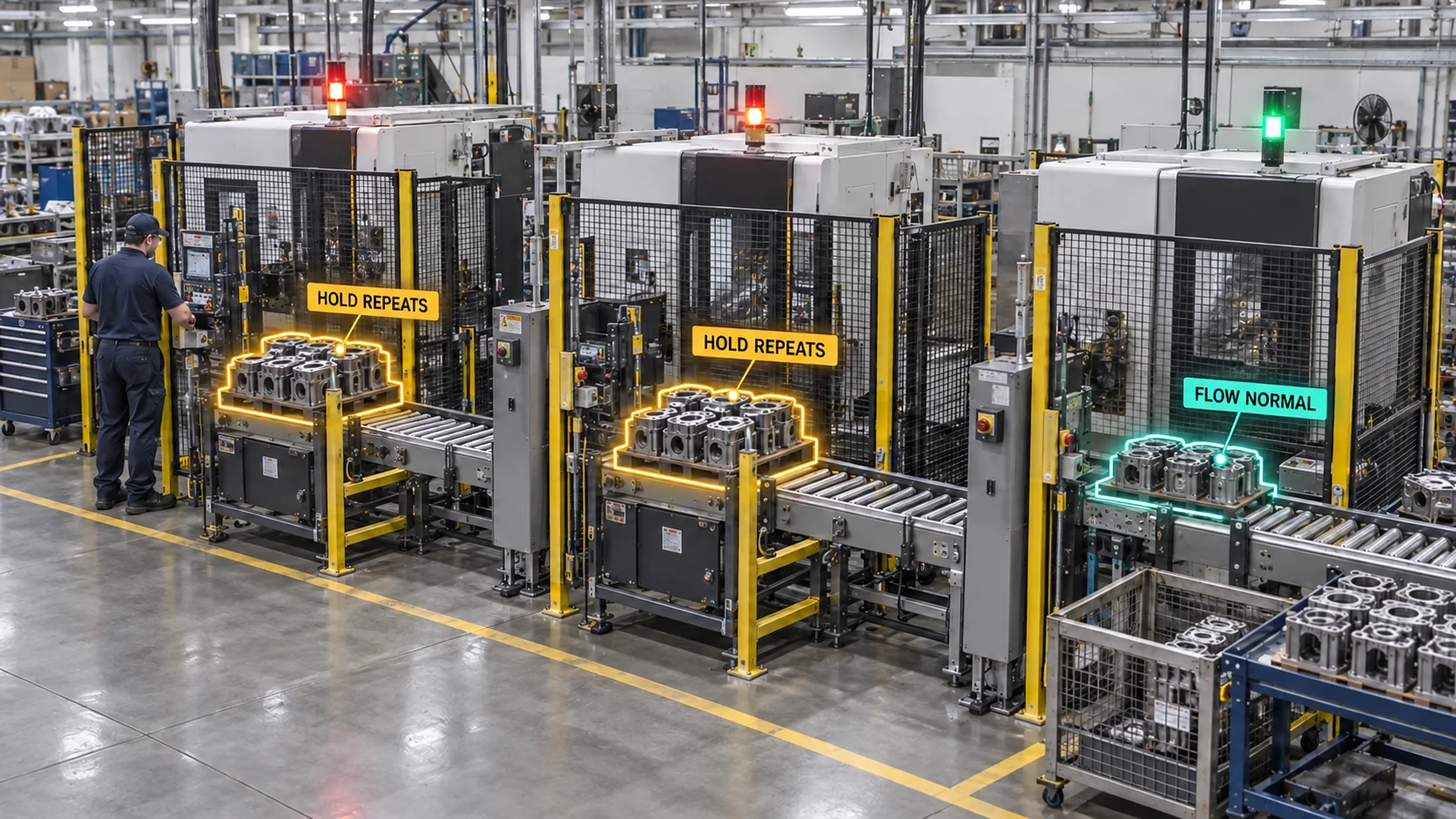 AI-annotated production line showing repeated held handoffs at two cells beside a normal flowing cell