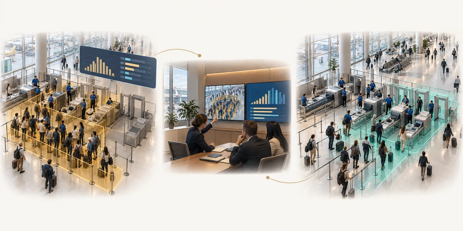 Airport passenger flow analytics: First operation → Later team review → Next comparable operation