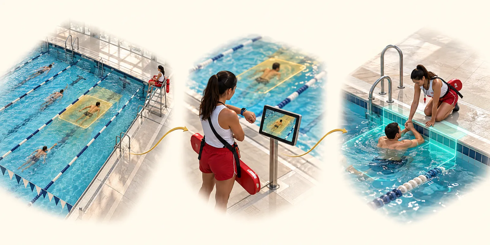 SAFE SWIM AI drowning detection system: Detect possible distress → Assess immediately → Respond on site