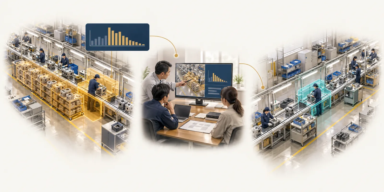 Manufacturing video analytics: First operation → Later team review → Next comparable operation