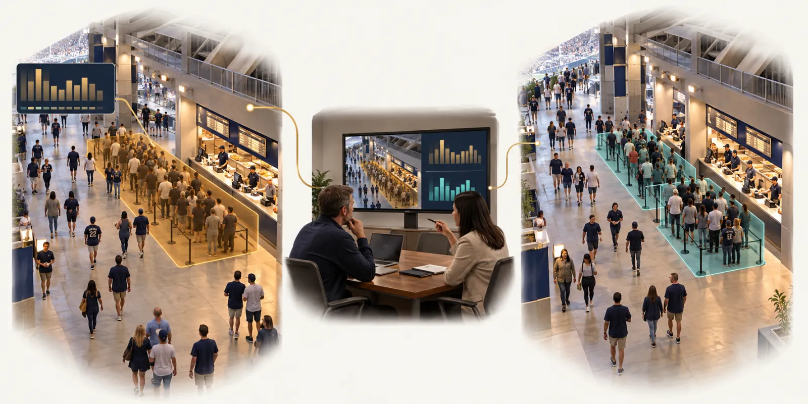 Stadium crowd analytics: First operation → Later team review → Next comparable operation