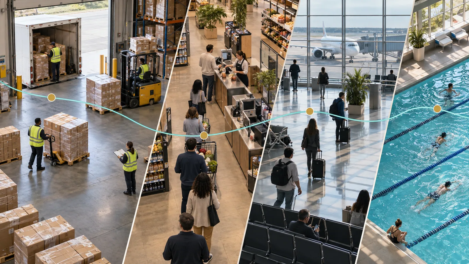 Warehouse, retail, airport, and aquatic operations viewed through existing cameras