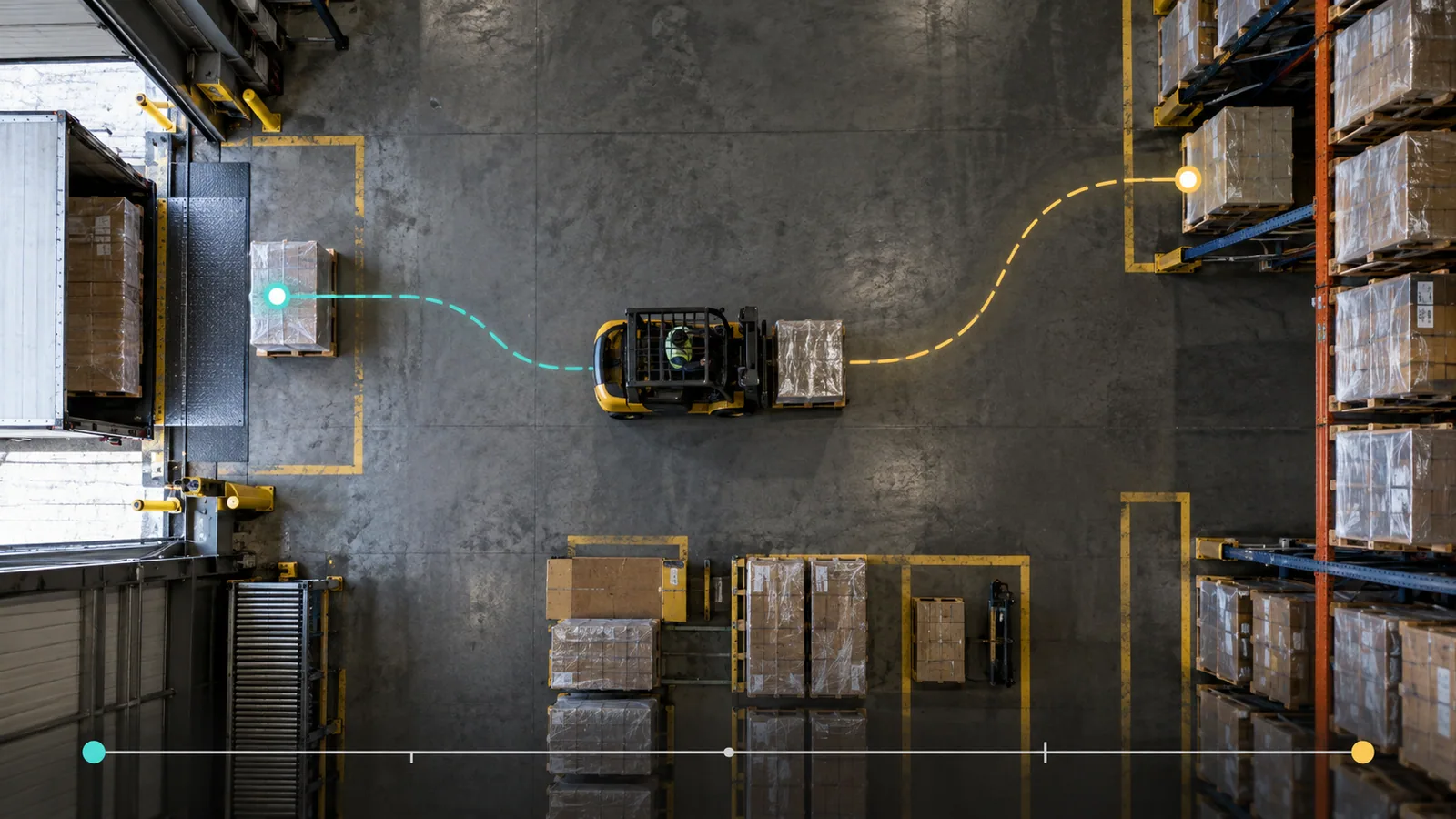 Top-down warehouse camera view of pallet movement, equipment activity, and waiting zones