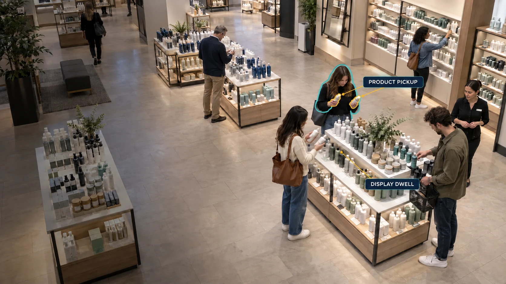 Overhead retail view with AI cues on a shopper comparing two products, the products in hand, and the display where she stopped