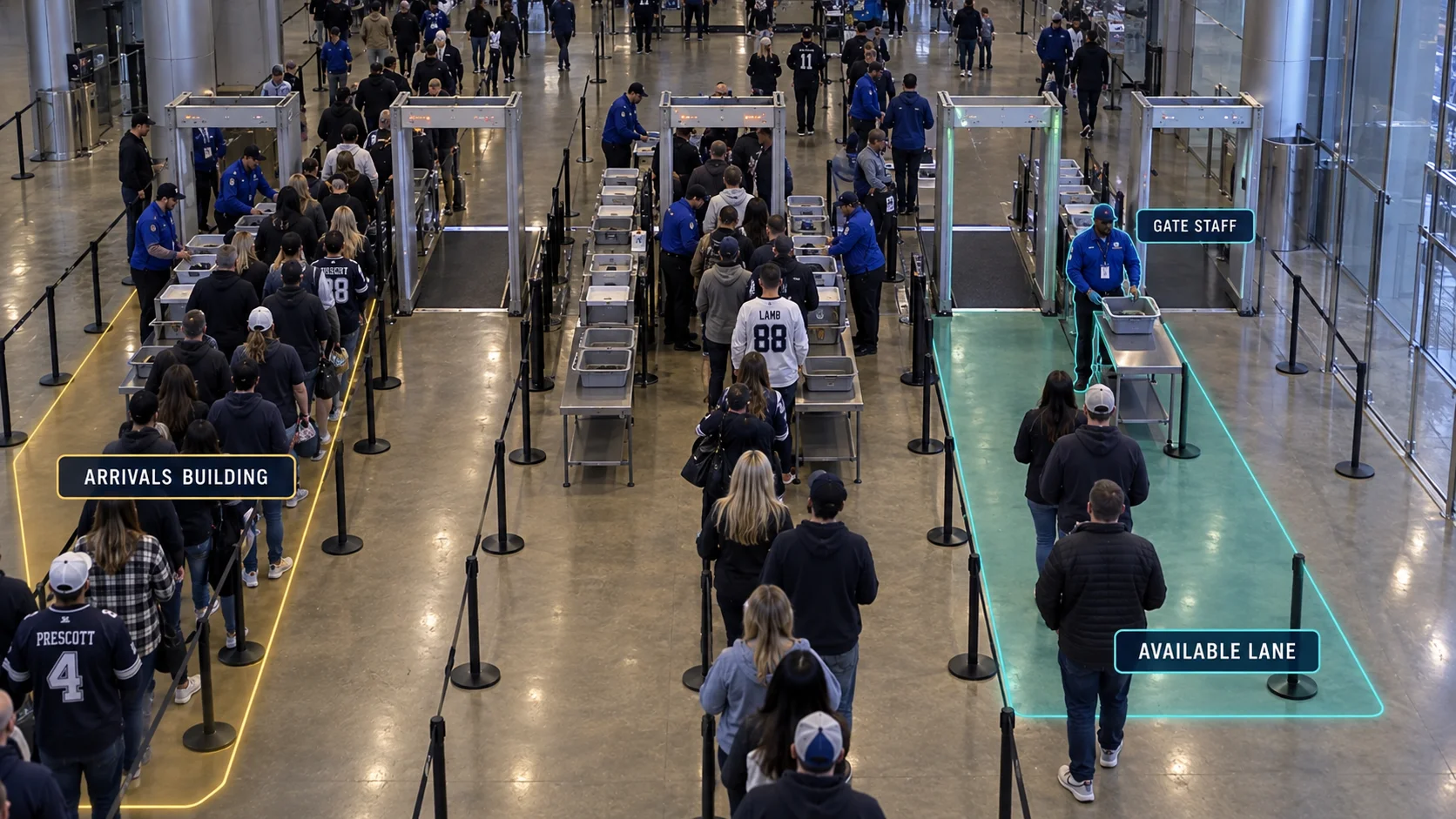 AI-annotated arena entrance showing a long admission queue beside an available staffed lane
