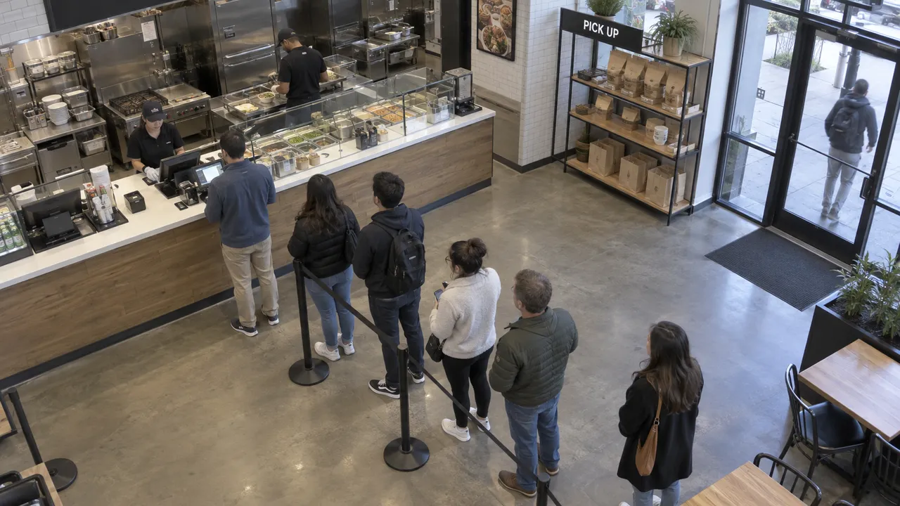 Fixed-camera view of counter queues.
